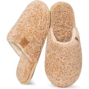 Women's Sand Fuzzy Slip-on Slippers Warm Cozy Soft Lightweight Foam